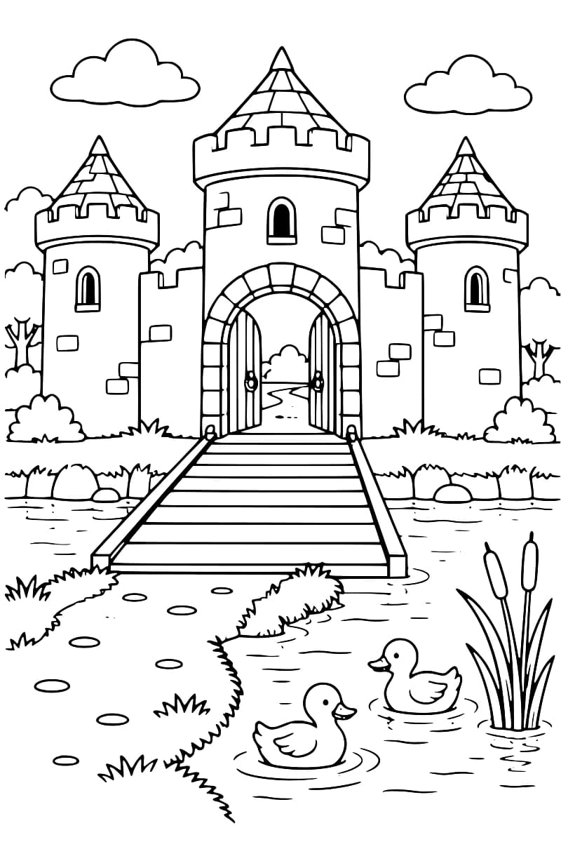 Dessin en noir et blanc d’un château fort à trois tours, avec une porte ouverte et un pont-levis abaissé au-dessus des douves où nagent deux canards, près de roseaux.