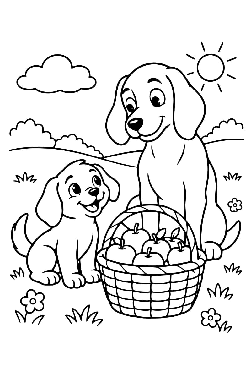 Dessin en noir et blanc montrant un chiot et un chien adulte près d’un panier de pommes, dans un pré avec des fleurs, des buissons, un nuage et un soleil.