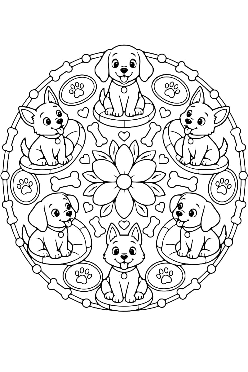 Dessin en noir et blanc de six chiots disposés en cercle autour d’une grande fleur centrale, chacun assis sur un coussin, parmi des cœurs, des os et des médaillons à empreinte de patte.