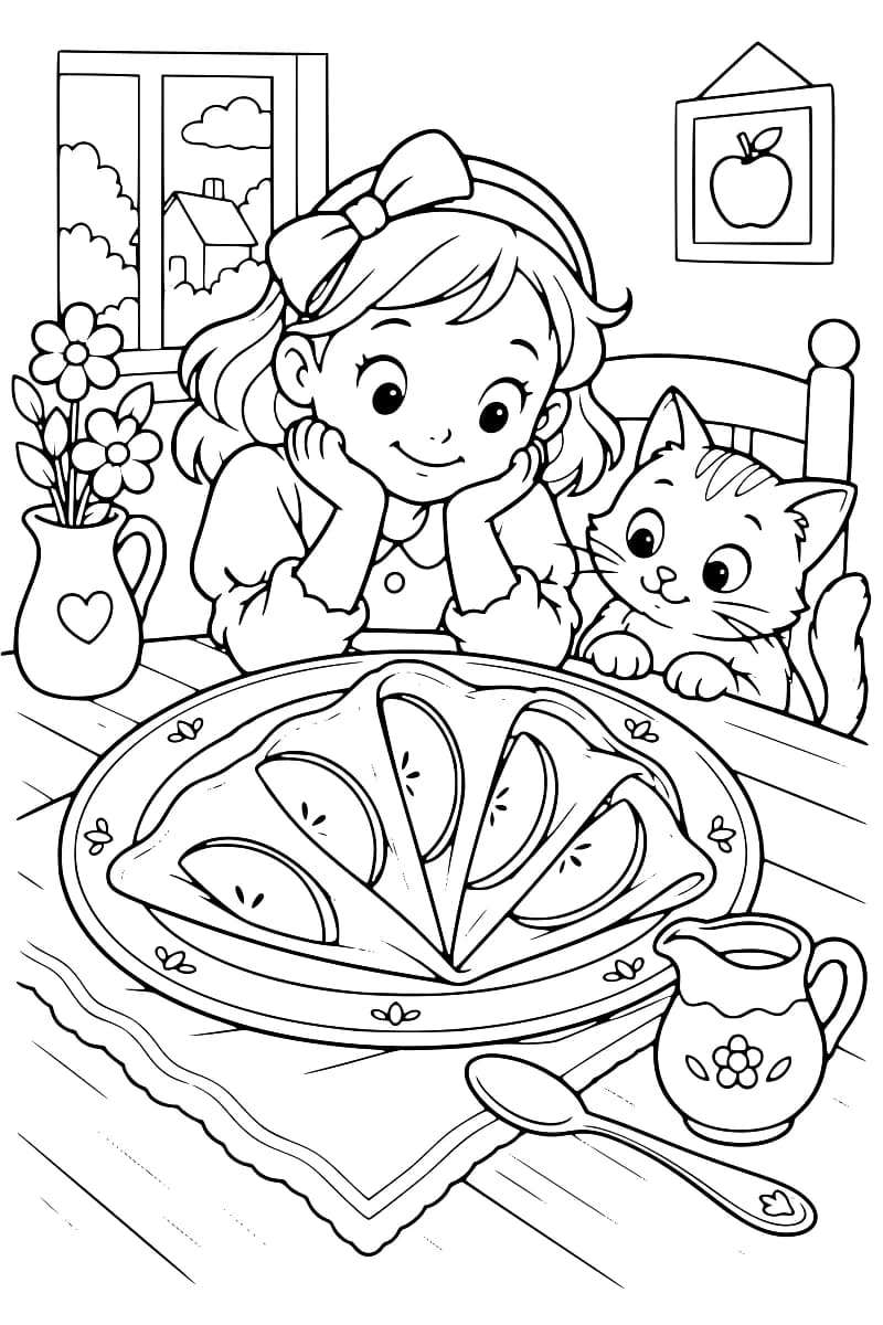 Dessin à colorier d’une fillette souriante et d’un chat devant une grande assiette de crêpes aux pommes disposées en éventail, avec un pichet, une cuillère et un vase de fleurs sur la table.