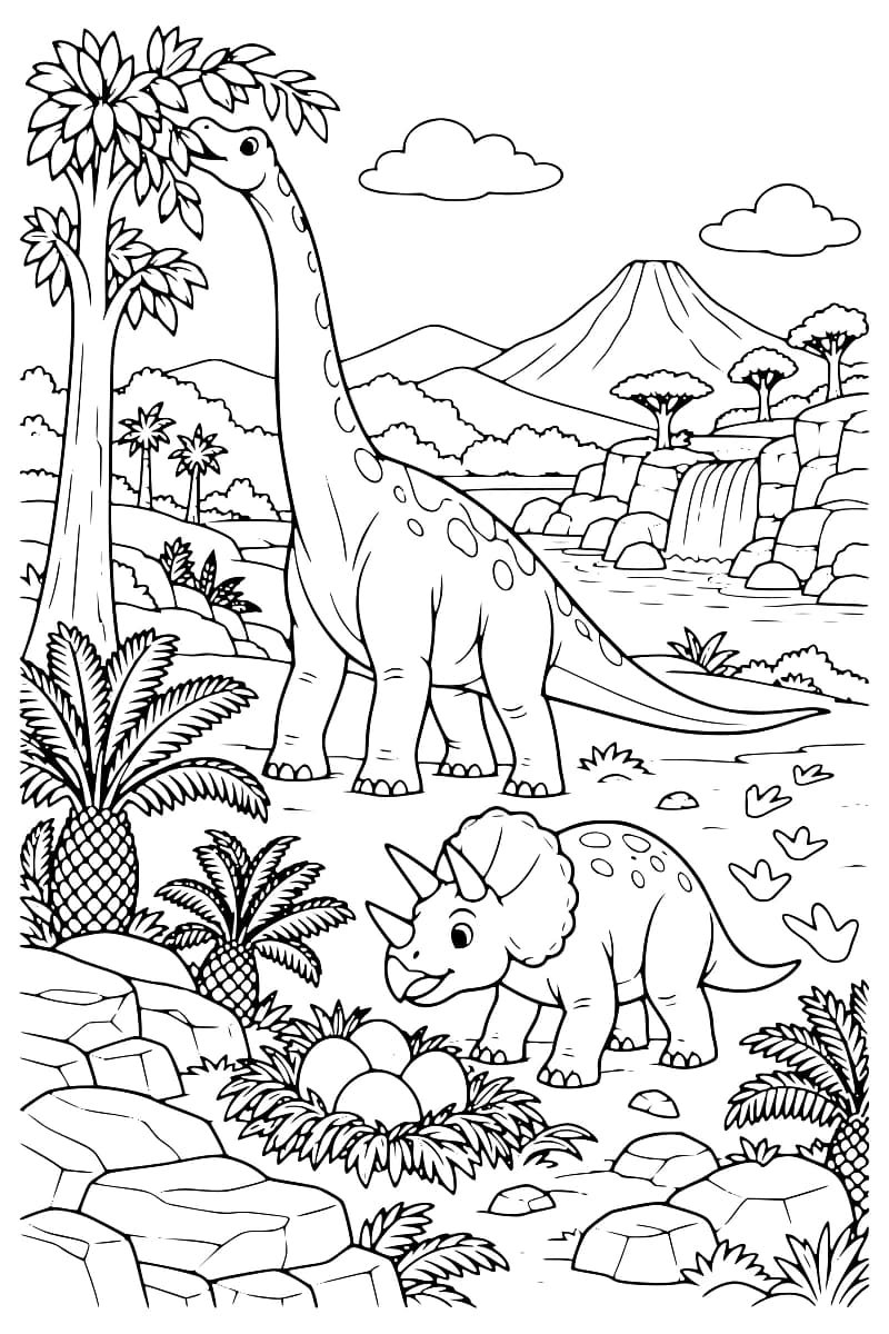 Dessin en noir et blanc représentant un long dinosaure et un tricératops au milieu d’une vallée préhistorique avec cascade, volcan, végétation tropicale, rochers et œufs.