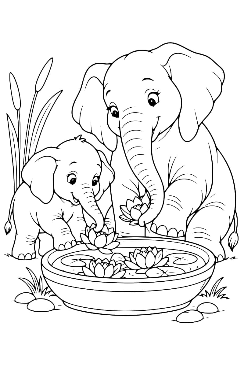 Dessin au trait noir d’un éléphant adulte et d’un éléphanteau devant un bassin ovale contenant des lotus et des feuilles flottantes, entouré de roseaux, de touffes d’herbe et de pierres.
