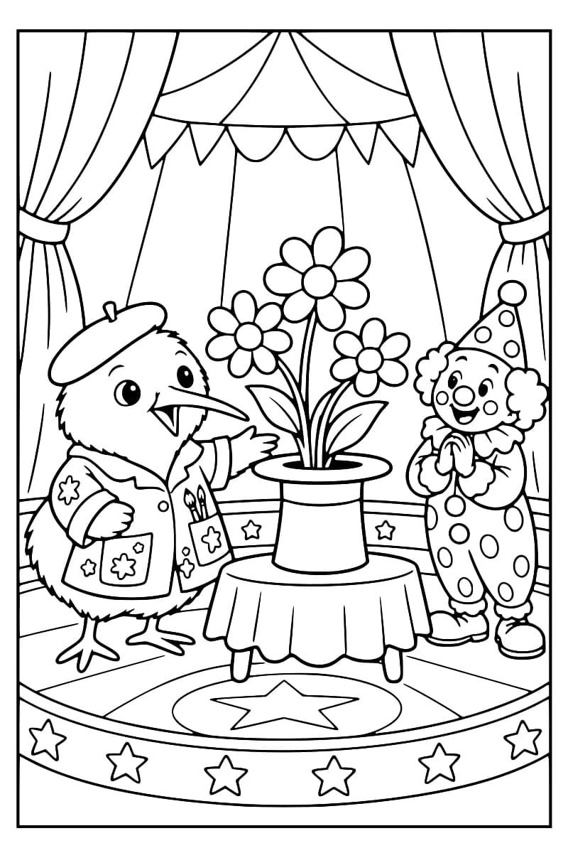 Dessin à colorier d’un oiseau en béret et en veste décorée d’étoiles, à gauche, et d’un clown en costume à pois, à droite, devant un chapeau haut-de-forme posé sur une table et contenant trois grandes fleurs, sous des rideaux et des fanions.