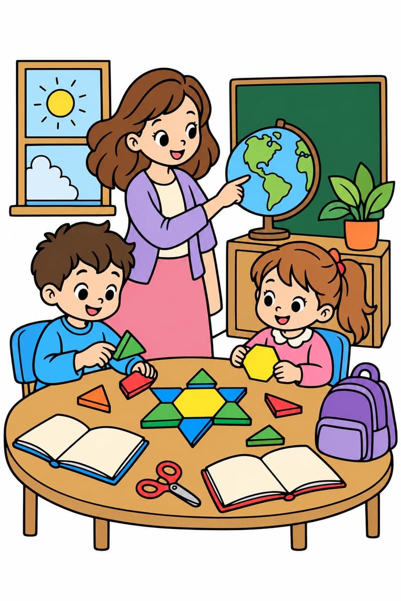 Dessin en noir et blanc de deux enfants manipulant des formes géométriques autour d’une table, avec une enseignante montrant un globe derrière eux. (exemple colorié)
