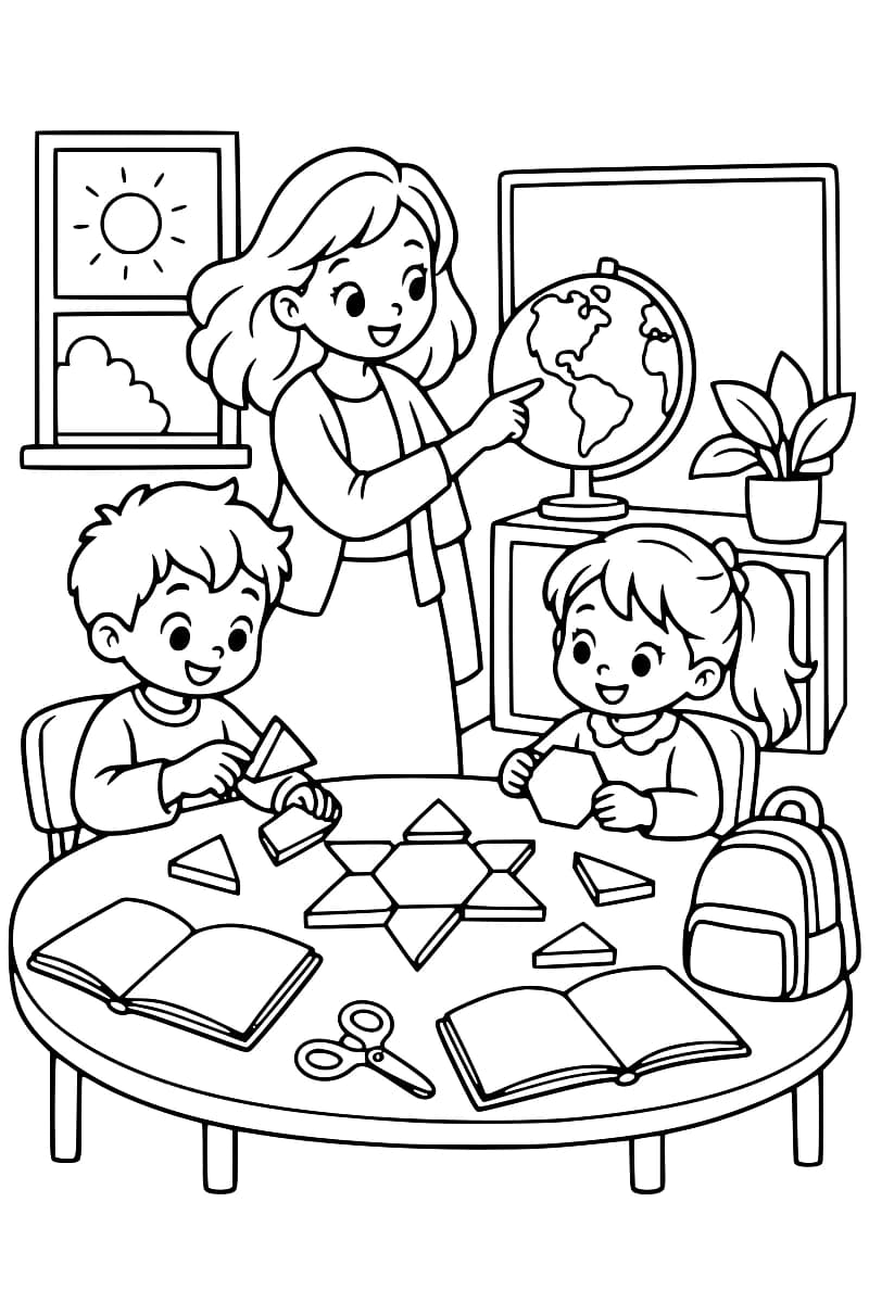 Dessin en noir et blanc de deux enfants manipulant des formes géométriques autour d’une table, avec une enseignante montrant un globe derrière eux.