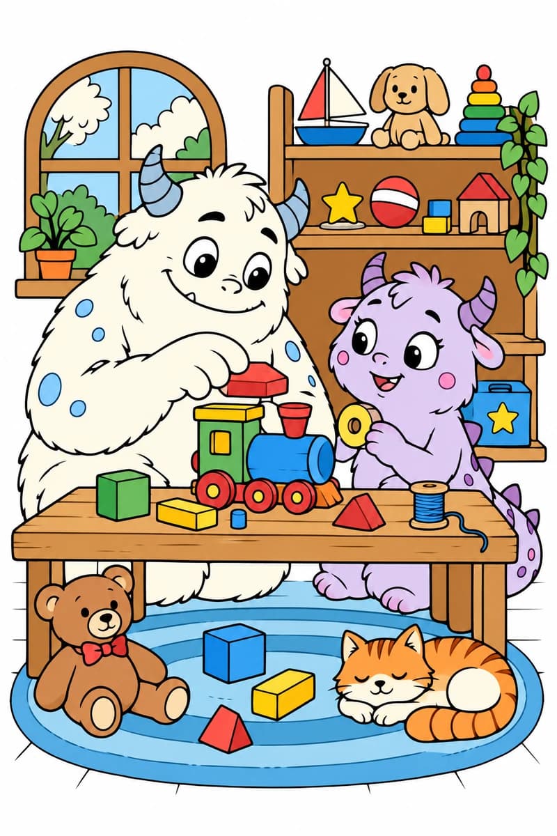 Coloriage en noir et blanc montrant deux gentils monstres jouant avec un train en bois, avec un chien en peluche, un chat et d’autres jouets. (exemple colorié)