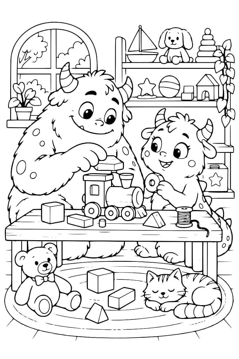 Coloriage en noir et blanc montrant deux gentils monstres jouant avec un train en bois, avec un chien en peluche, un chat et d’autres jouets.