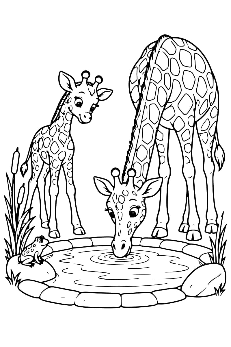Dessin en noir et blanc d’une girafe penchée pour boire dans une mare, avec un girafon à gauche, une grenouille sur un rocher et des roseaux sur les bords.