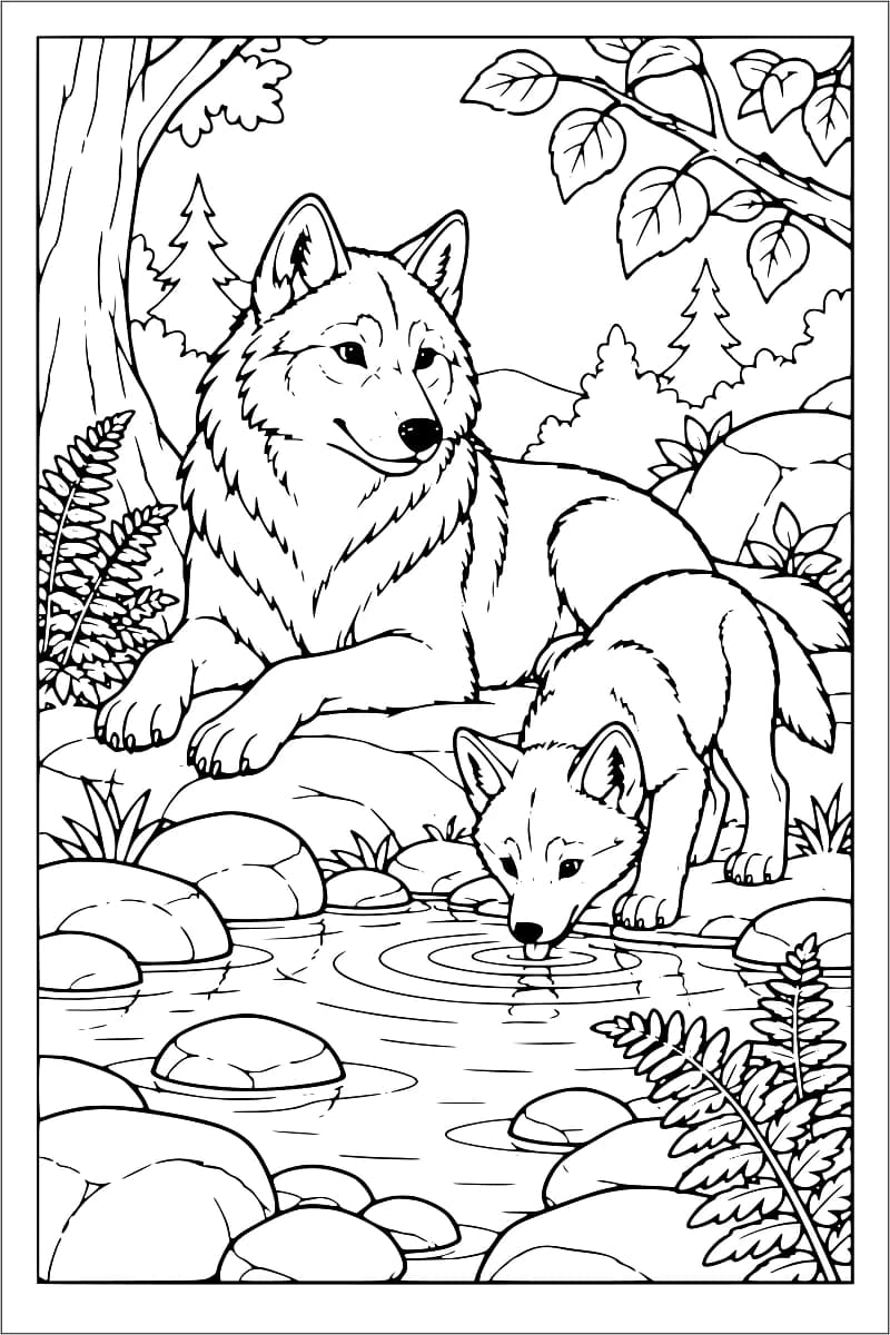 Dessin à colorier d’un loup adulte allongé derrière un louveteau qui boit, entourés de rochers, de fougères et d’arbres.