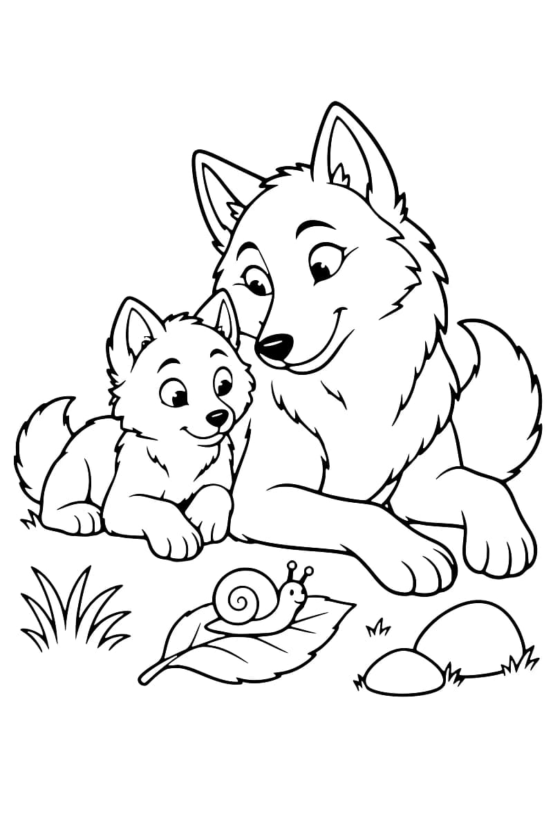 Dessin au trait noir sur fond blanc d’un loup adulte et d’un louveteau allongés devant un escargot sur une feuille, avec des touffes d’herbe et deux pierres.