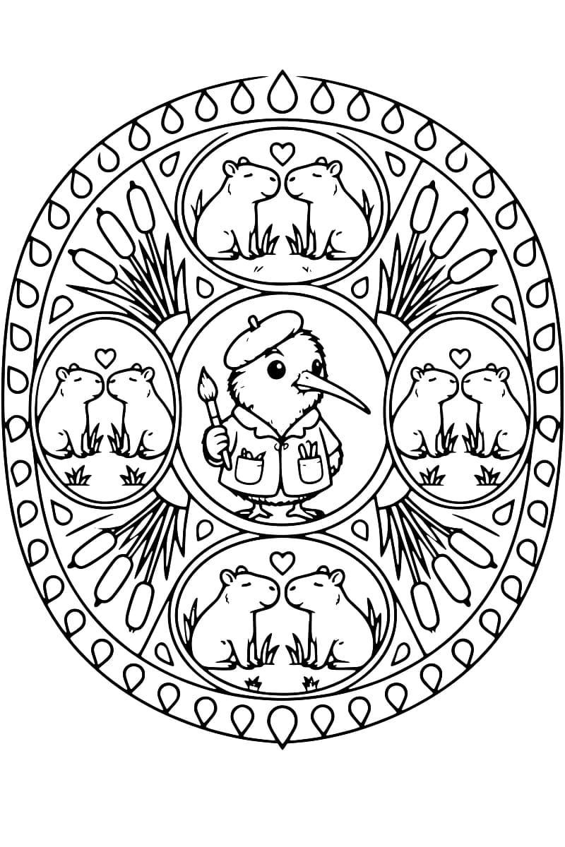 Dessin en noir et blanc d’un mandala ovale avec un oiseau à long bec portant un béret et tenant un pinceau au centre, entouré de quatre médaillons contenant chacun deux capybaras face à face sous un cœur, de roseaux et d’une bordure de gouttes.