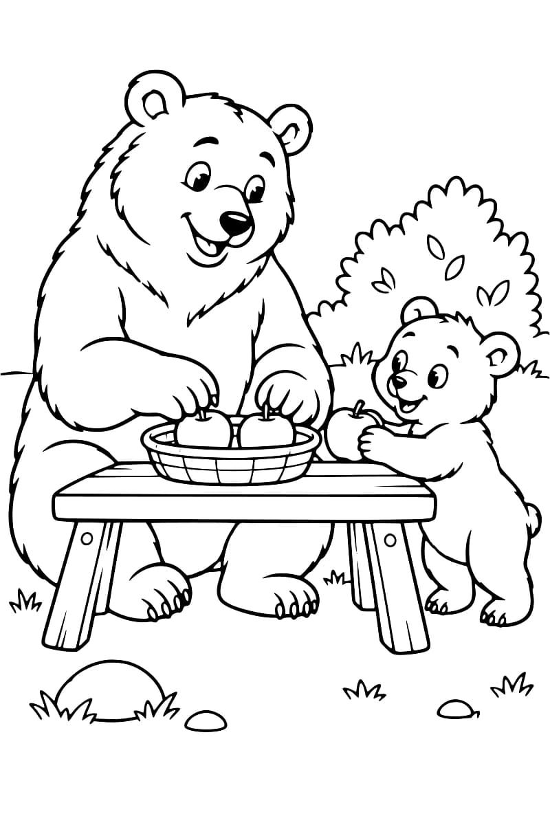 Dessin en noir et blanc d’un grand ours assis devant une petite table portant un panier de pommes, tandis qu’un ourson debout tient une pomme entre ses pattes, avec des buissons, de l’herbe et des pierres autour.