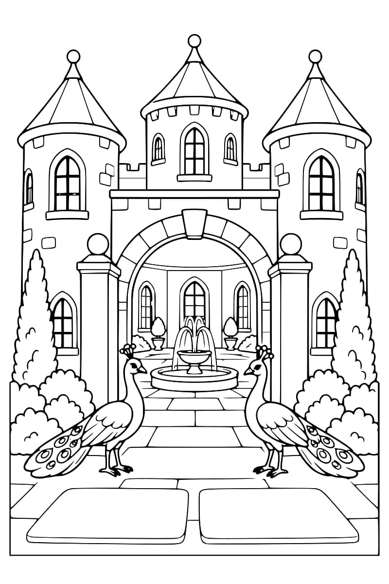 Dessin à colorier d’un château à trois tours aux toits pointus, avec deux paons au premier plan, des buissons et une allée dallée menant sous une grande arche à une fontaine.