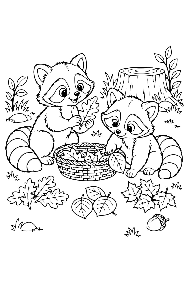 Dessin à colorier de deux petits ratons laveurs tenant chacun une feuille près d’un panier rempli de feuilles, avec trois tas de feuilles au premier plan, un gland et une souche à l’arrière-plan.