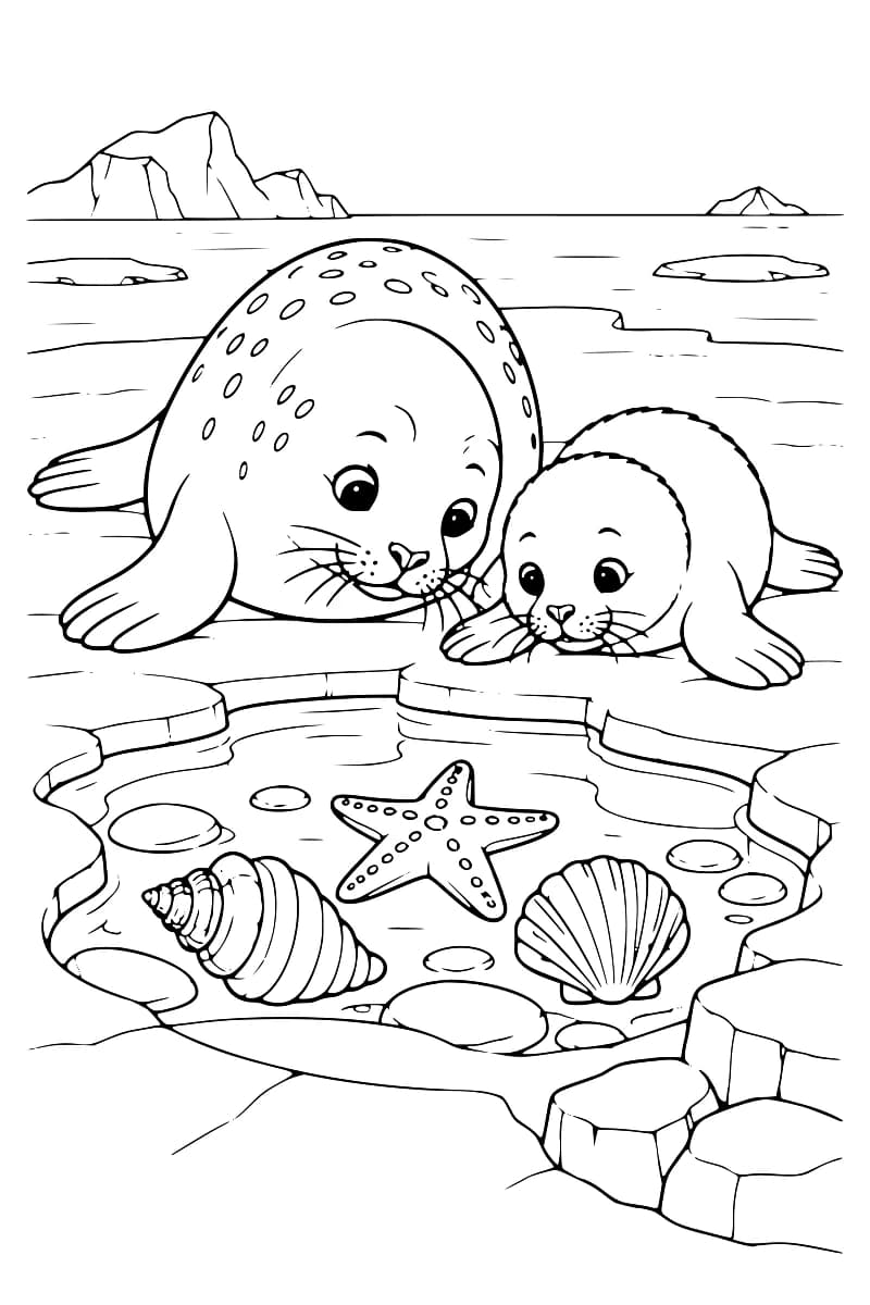 Dessin à colorier de deux phoques penchés sur une mare contenant une étoile de mer, un coquillage spiralé, un coquillage en éventail et des galets, avec des icebergs à l’arrière-plan.
