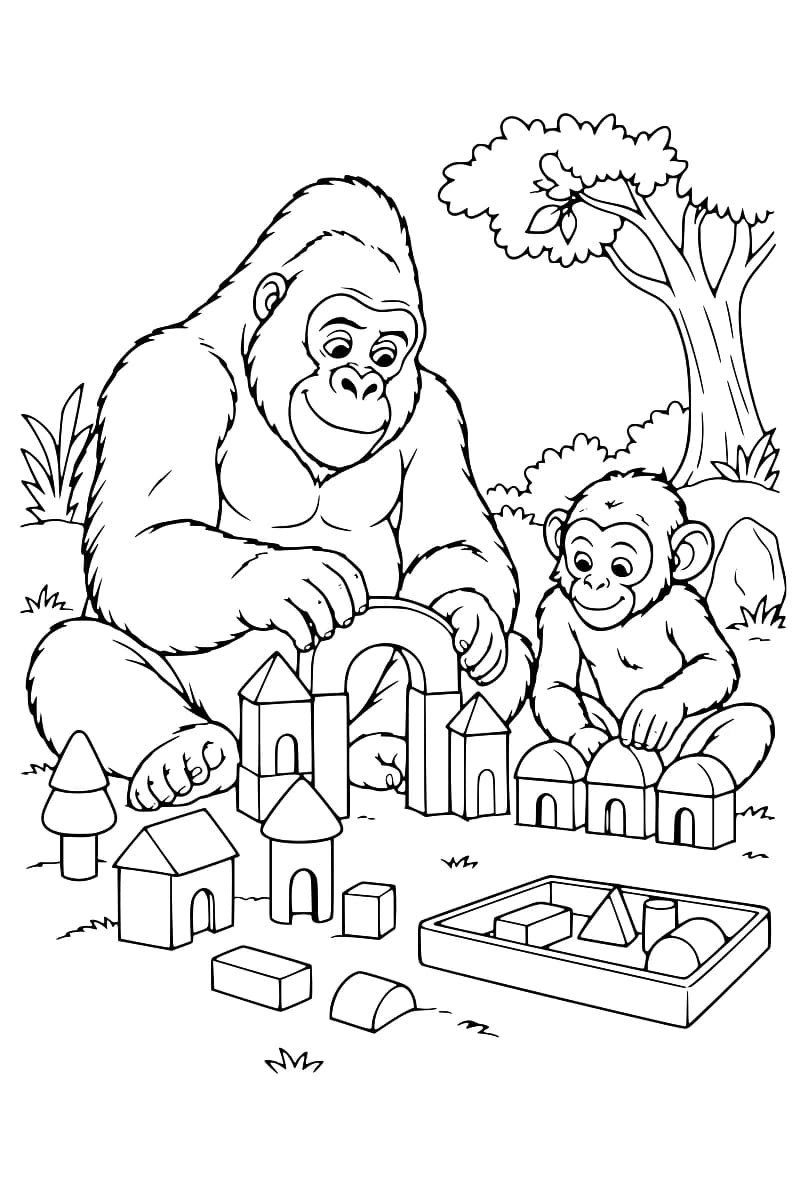 Dessin en noir et blanc d’un gorille et d’un petit singe assis dans l’herbe devant des constructions en blocs, dont une grande arche et plusieurs maisons et tours, avec un plateau de pièces au premier plan et un arbre derrière eux.