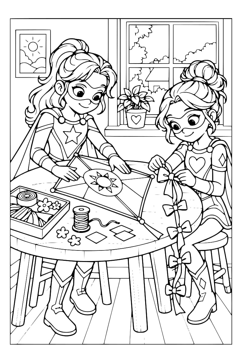 Dessin à colorier de deux super-héroïnes masquées autour d’une table : l’une tient un cerf-volant orné d’un soleil, tandis que l’autre attache un nœud à sa queue. Une bobine de fil, des rubans et des décorations sont posés sur la table.