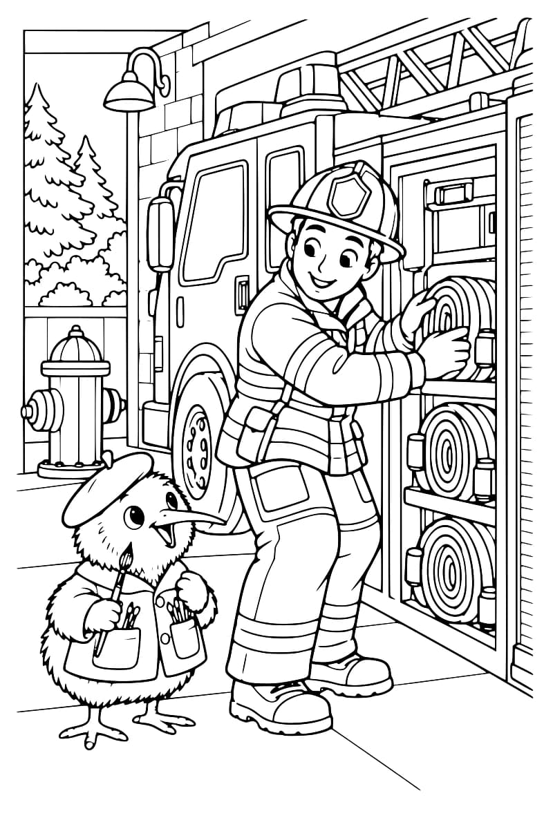 Pompier rangeant un tuyau dans un camion de pompiers, avec un petit oiseau portant un béret et une blouse à ses côtés.