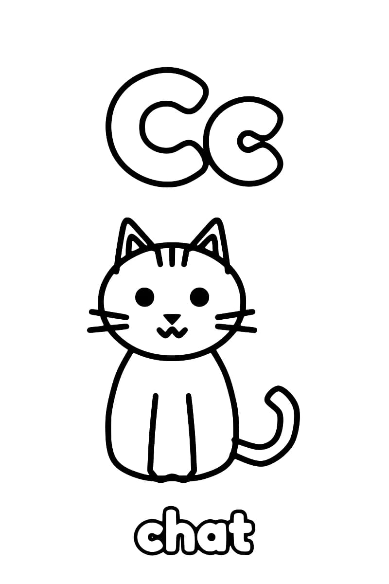 Dessin en noir et blanc : les lettres C majuscule et c minuscule figurent en haut, avec un chat en dessous.