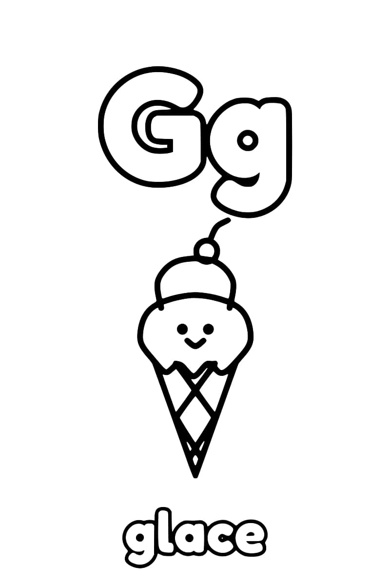 Dessin en noir et blanc disposé de haut en bas : G majuscule et g minuscule, puis une glace.