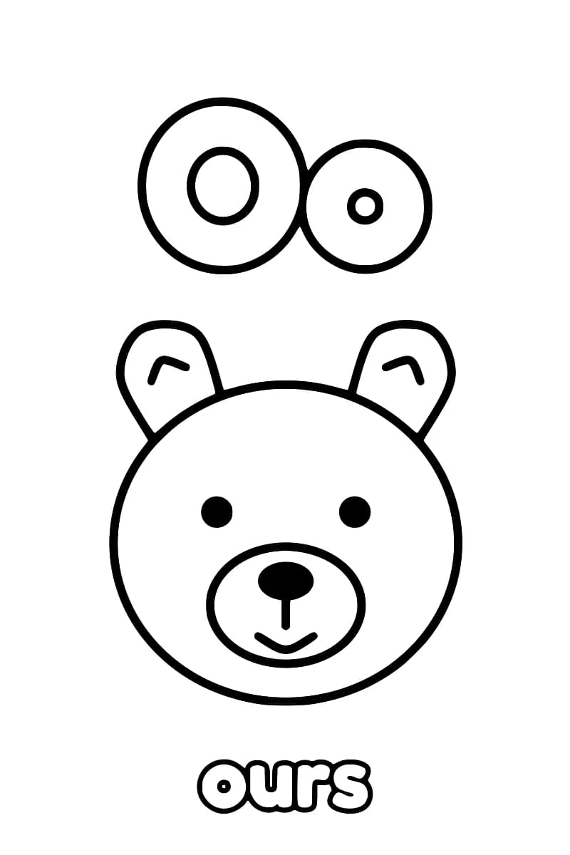 Dessin en noir et blanc avec O majuscule et o minuscule en haut, au-dessus d’un ours.