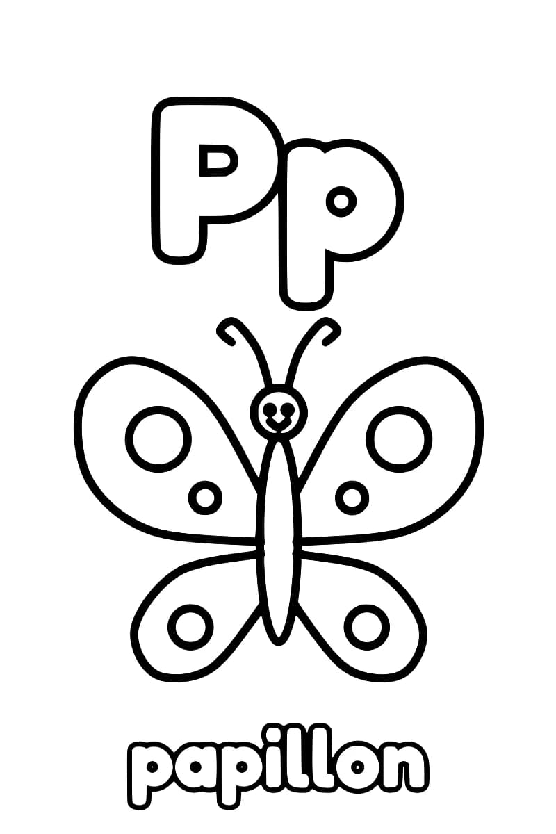 Dessin en noir et blanc : P majuscule et p minuscule occupent le haut de la page, suivis d’un papillon.