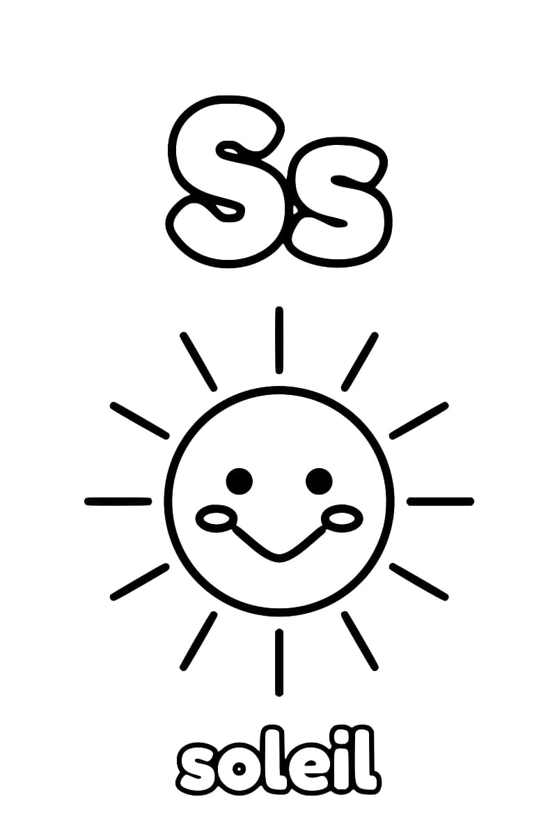 Dessin en noir et blanc montrant S majuscule et s minuscule au-dessus d’un soleil.