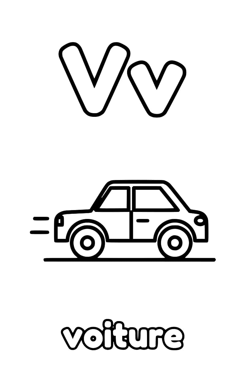 Dessin en noir et blanc : V majuscule et v minuscule apparaissent dans la partie haute, avec une voiture plus bas.