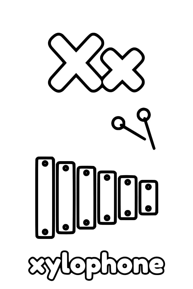 Dessin en noir et blanc : X majuscule et x minuscule sont visibles en haut ; un xylophone est dessiné en dessous.
