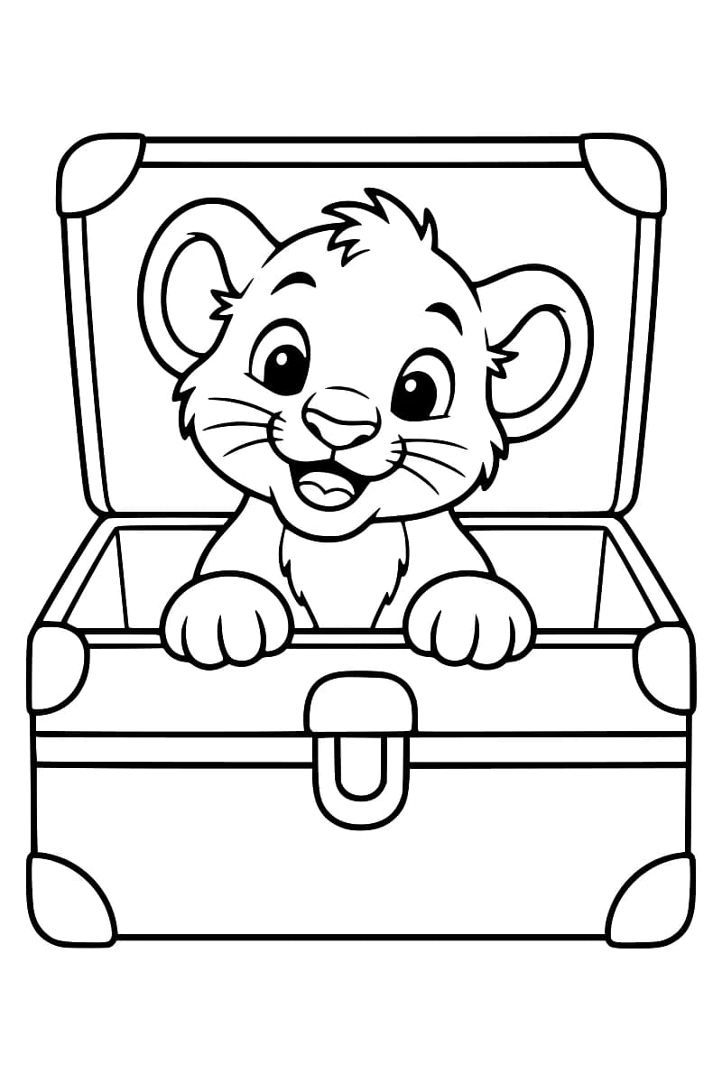 Dessin au trait noir sur fond blanc d’un lionceau aux grandes oreilles dans une malle au couvercle relevé, les deux pattes avant posées sur le rebord.
