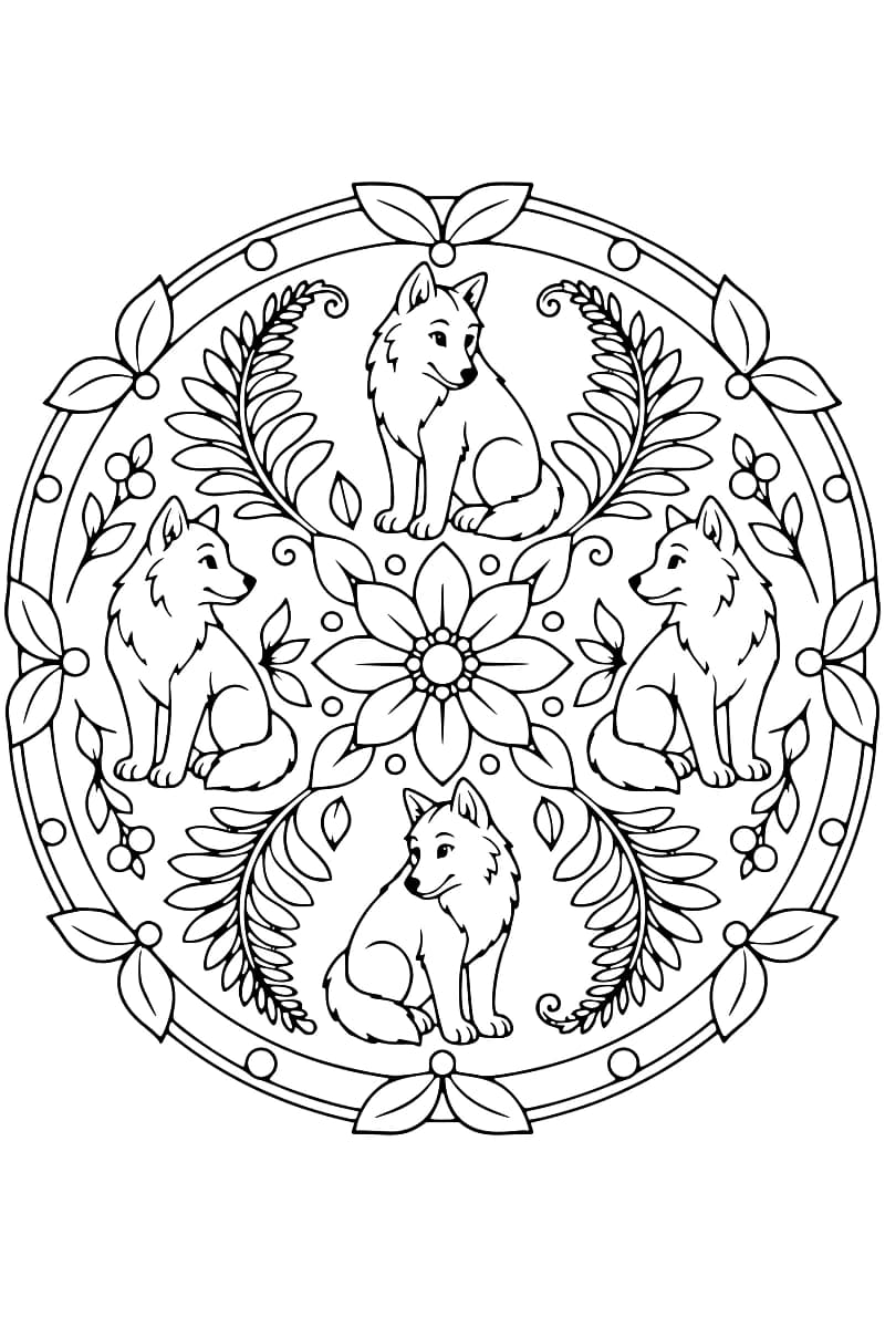 Dessin au trait noir sur fond blanc représentant quatre loups assis autour d’une fleur à huit pétales, avec des fougères entre les animaux et une bordure circulaire décorée de feuilles et de ronds.