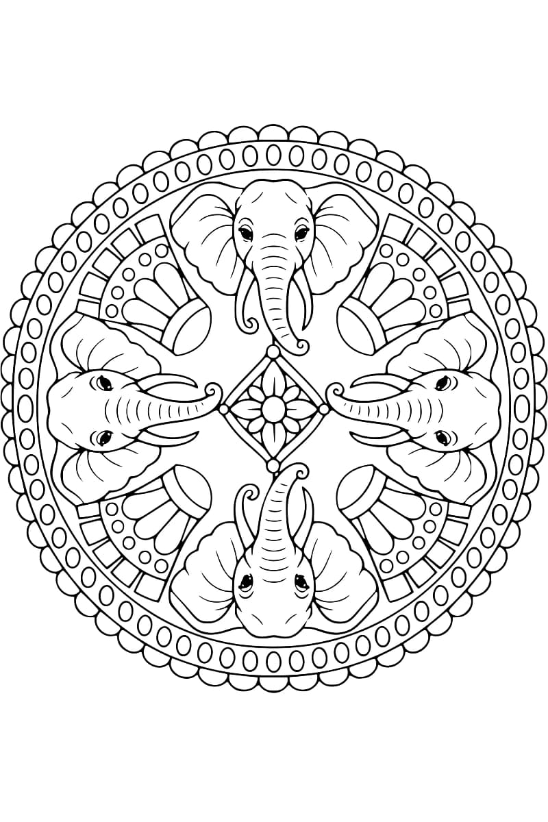 Dessin circulaire en noir et blanc de quatre têtes d’éléphants aux grandes oreilles et aux défenses courbes, les trompes orientées vers une fleur inscrite dans un losange central, avec des motifs géométriques et une bordure festonnée.