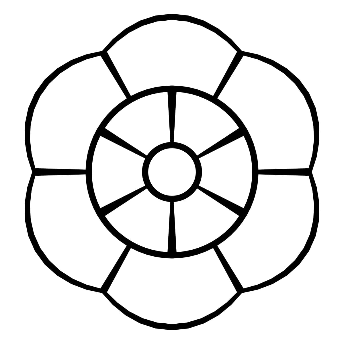 Cercle géométrique noir et blanc à 6 rayons symétriques, avec 2 anneaux.