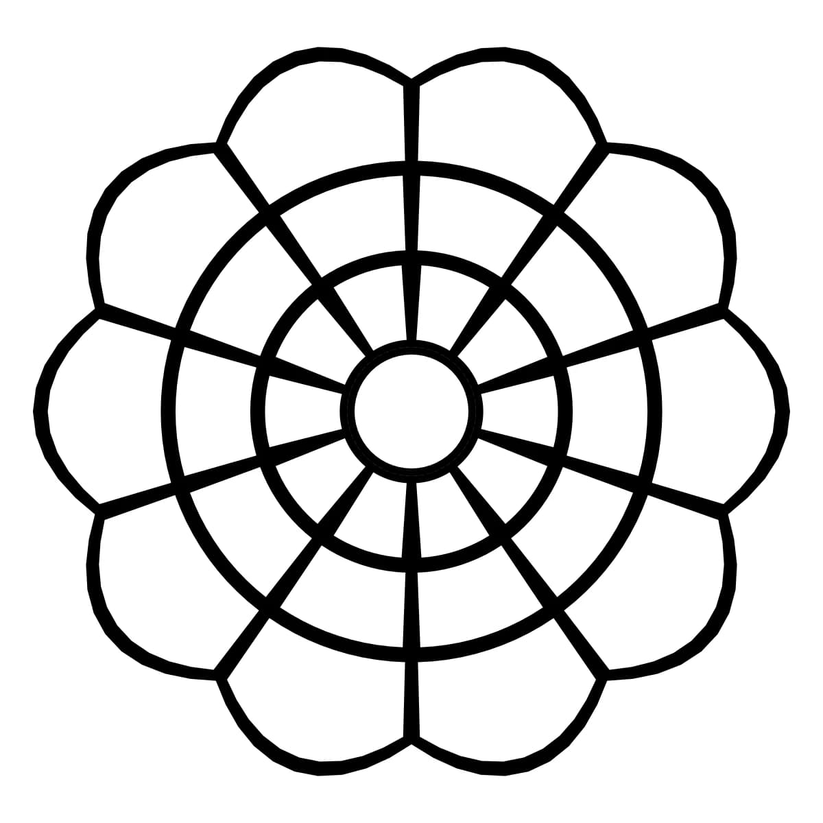 Couronne géométrique noire et blanche à 10 pétales, avec 3 anneaux concentriques.
