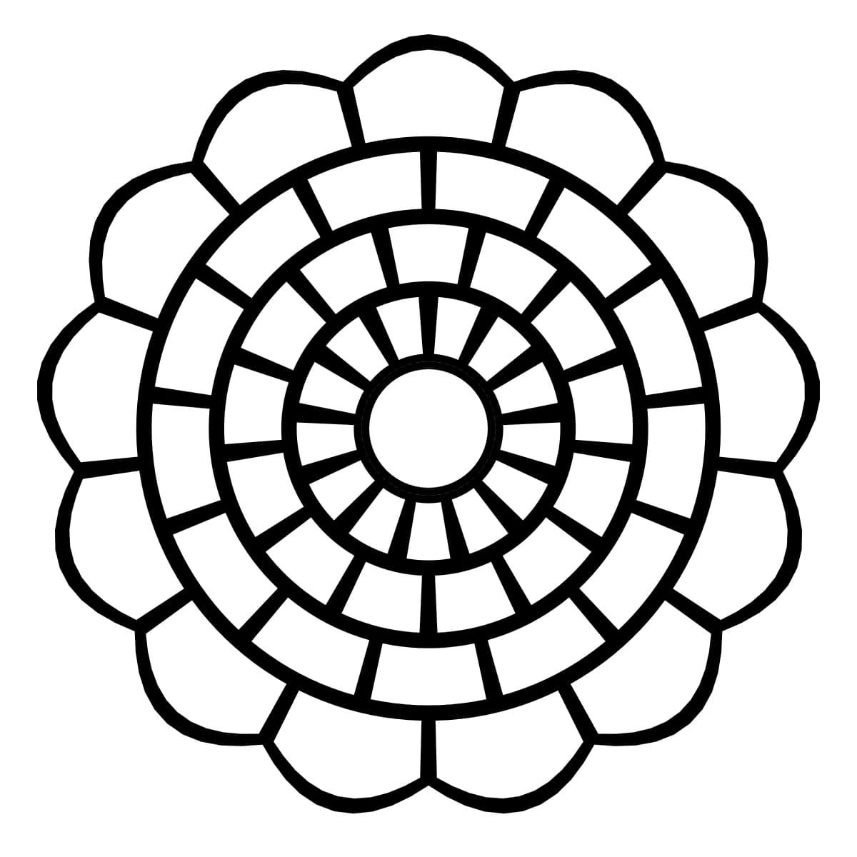 Couronne géométrique noire et blanche à 13 pétales, avec 4 anneaux concentriques.