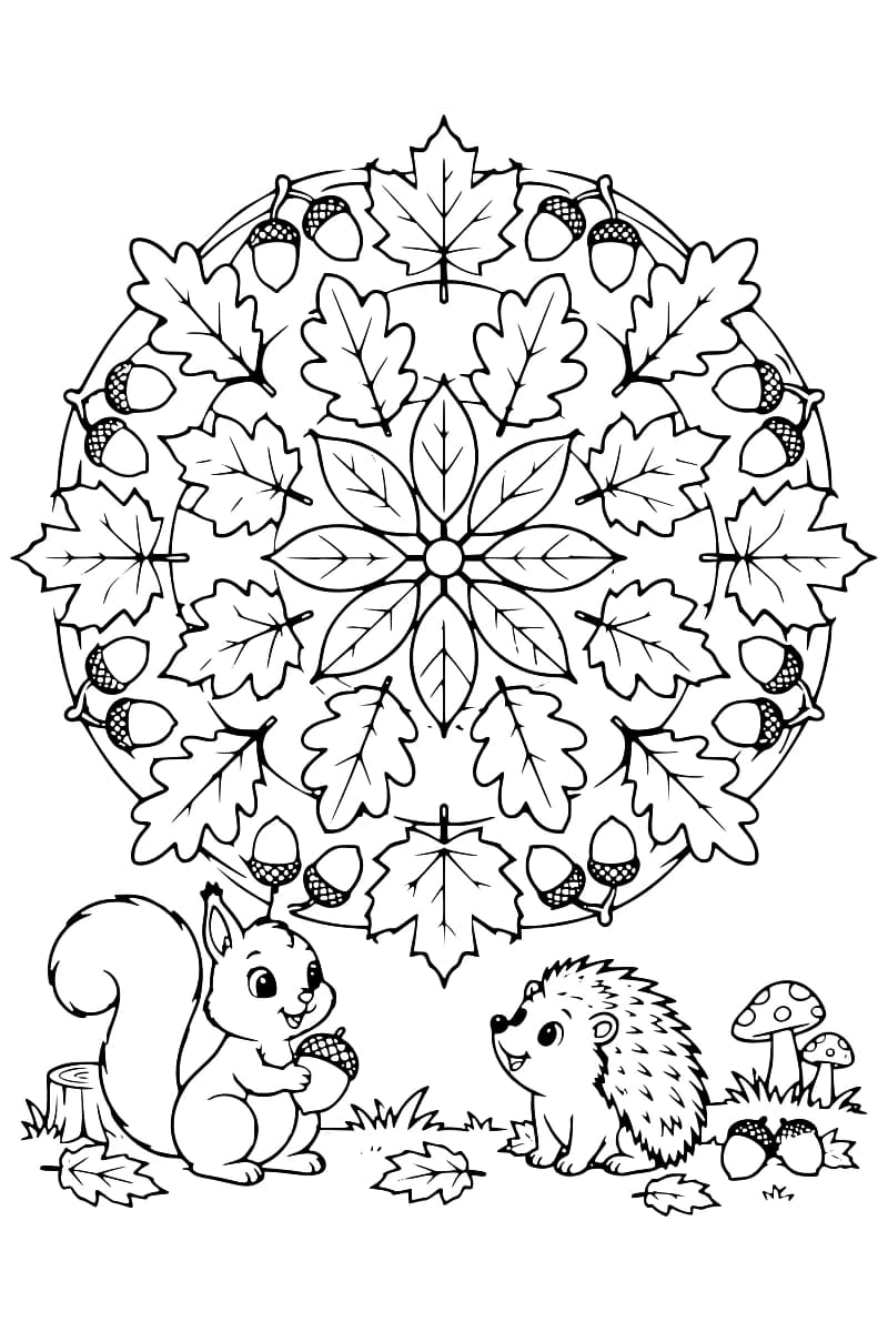 Dessin en noir et blanc d’un grand mandala circulaire composé de feuilles et de paires de glands, avec une rosace de feuilles au centre. En dessous, un écureuil tient un gland face à un hérisson, près d’une souche, de champignons et de feuilles au sol.