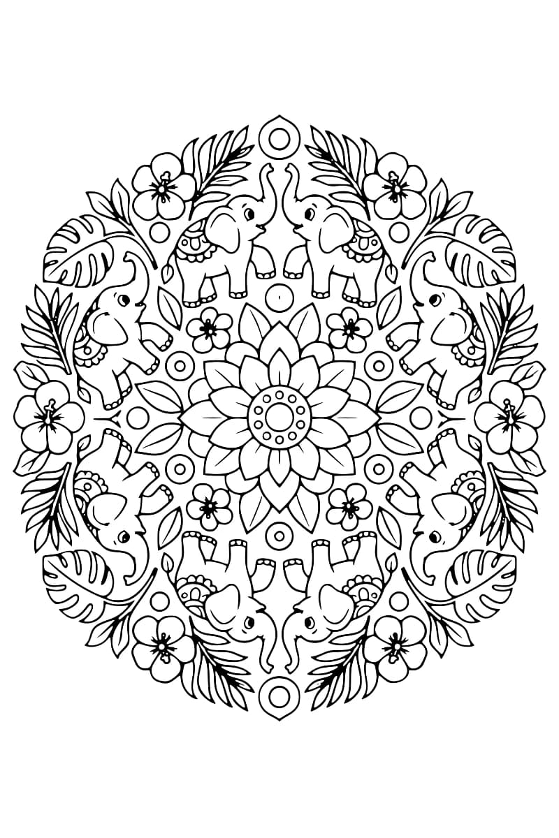 Dessin en noir et blanc d’un mandala symétrique composé de huit éléphants, d’une grande fleur au centre, de fleurs tropicales et de feuillages.