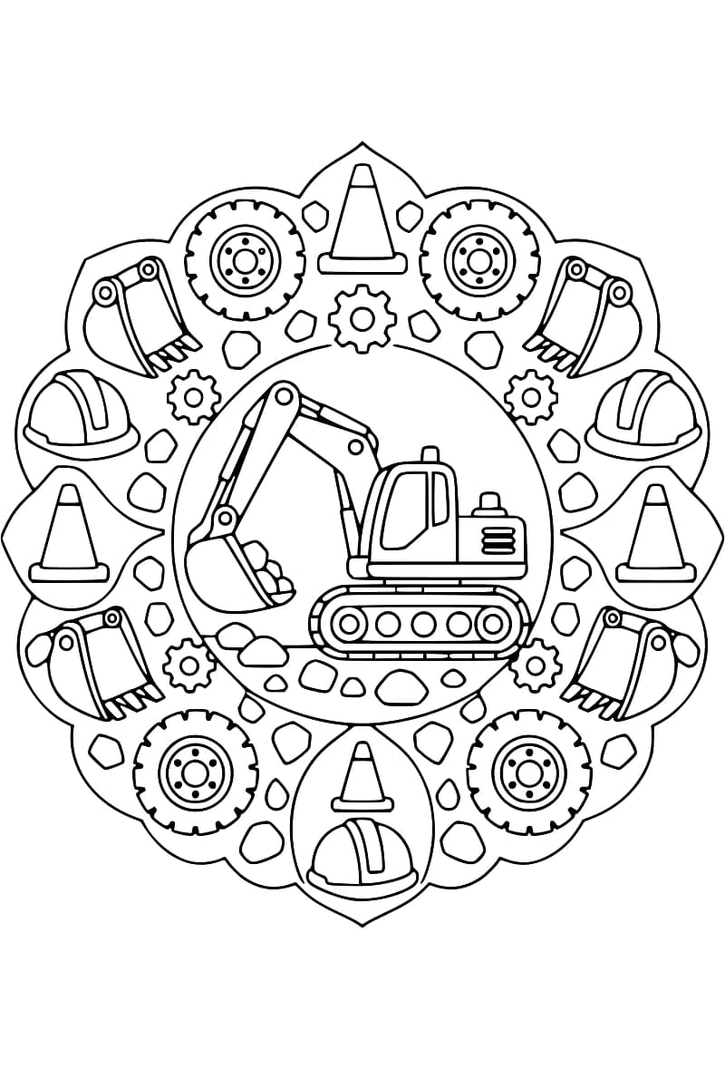 Dessin en noir et blanc représentant un excavateur au centre d’un mandala composé d’éléments de chantier.