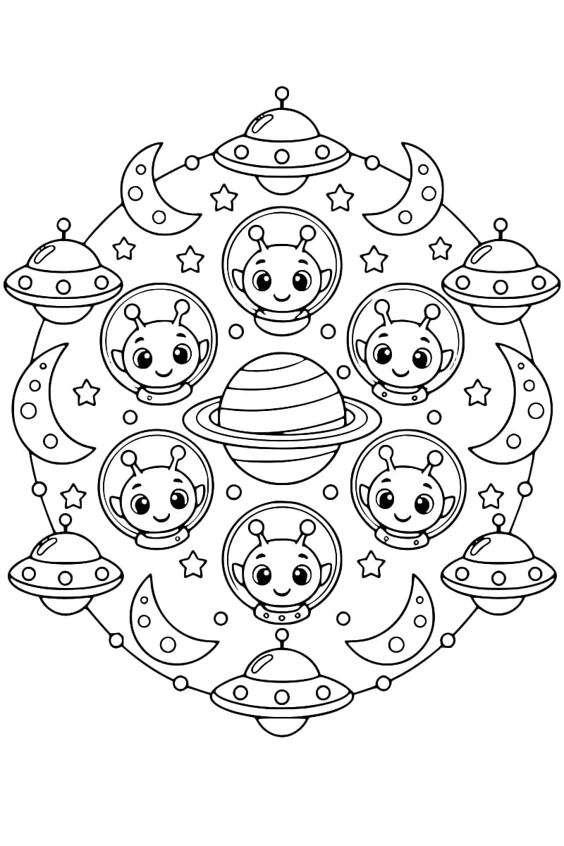 Dessin en noir et blanc composé d’une planète à anneaux au centre, de six visages extraterrestres souriants sous des casques ronds et d’une bordure circulaire alternant six soucoupes volantes et six croissants de lune, avec des étoiles et de petits cercles.