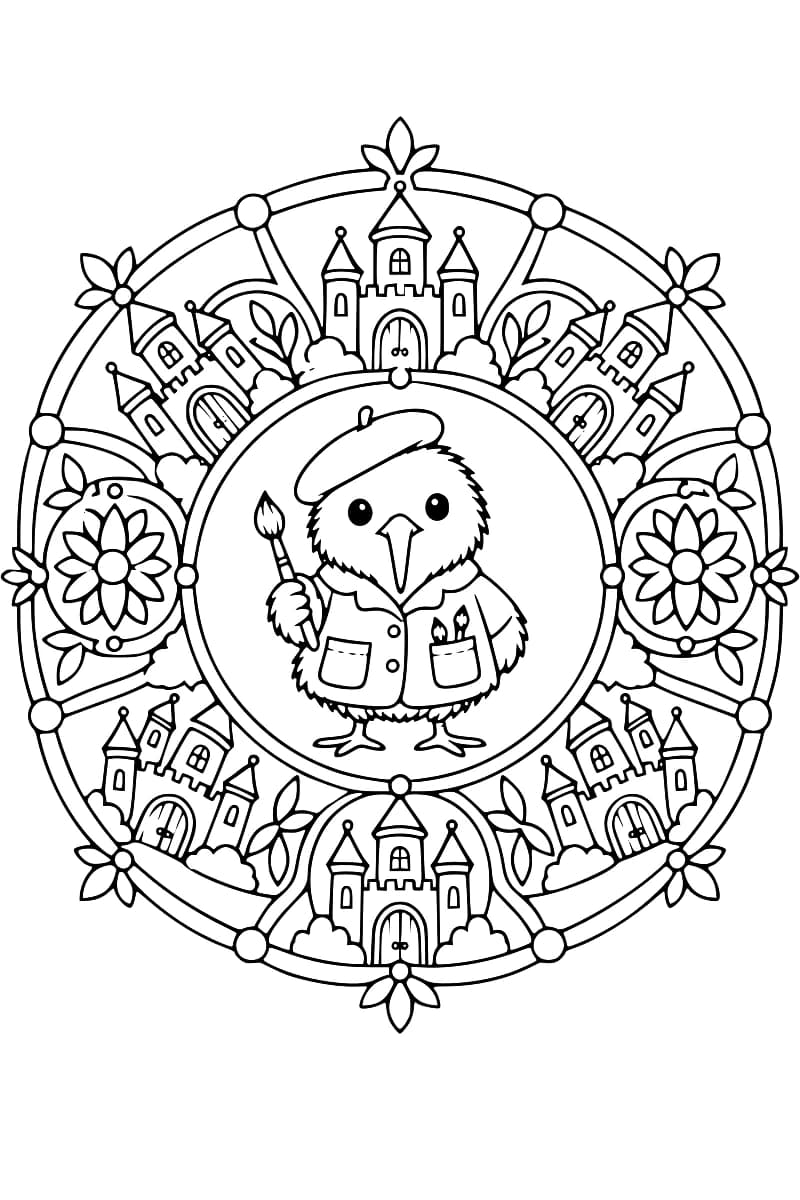 Dessin en noir et blanc d’un oiseau en béret tenant un pinceau, avec deux pinceaux dans une poche de sa veste, au centre d’un mandala orné de six châteaux, de deux grandes fleurs et de feuilles.