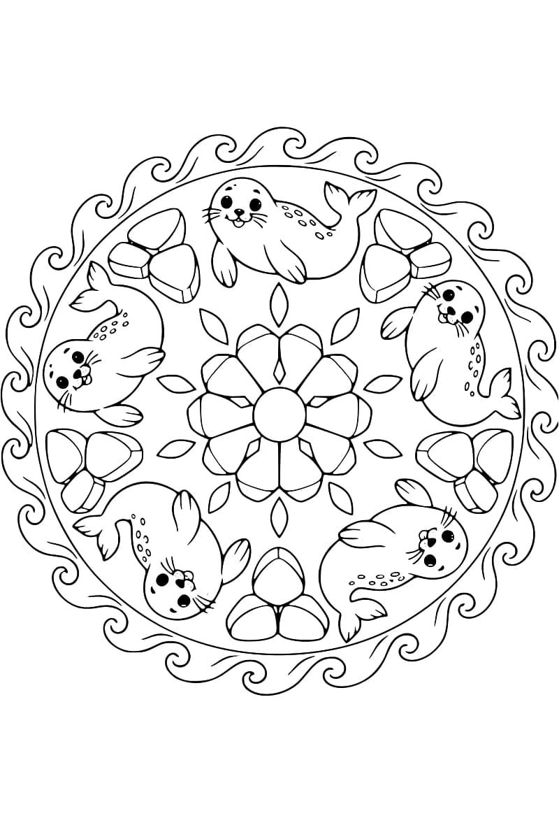 Dessin à colorier en noir et blanc représentant cinq phoques tachetés disposés autour d’une rosace à pétales, avec des motifs de blocs arrondis entre eux et une bordure de vagues en volutes.