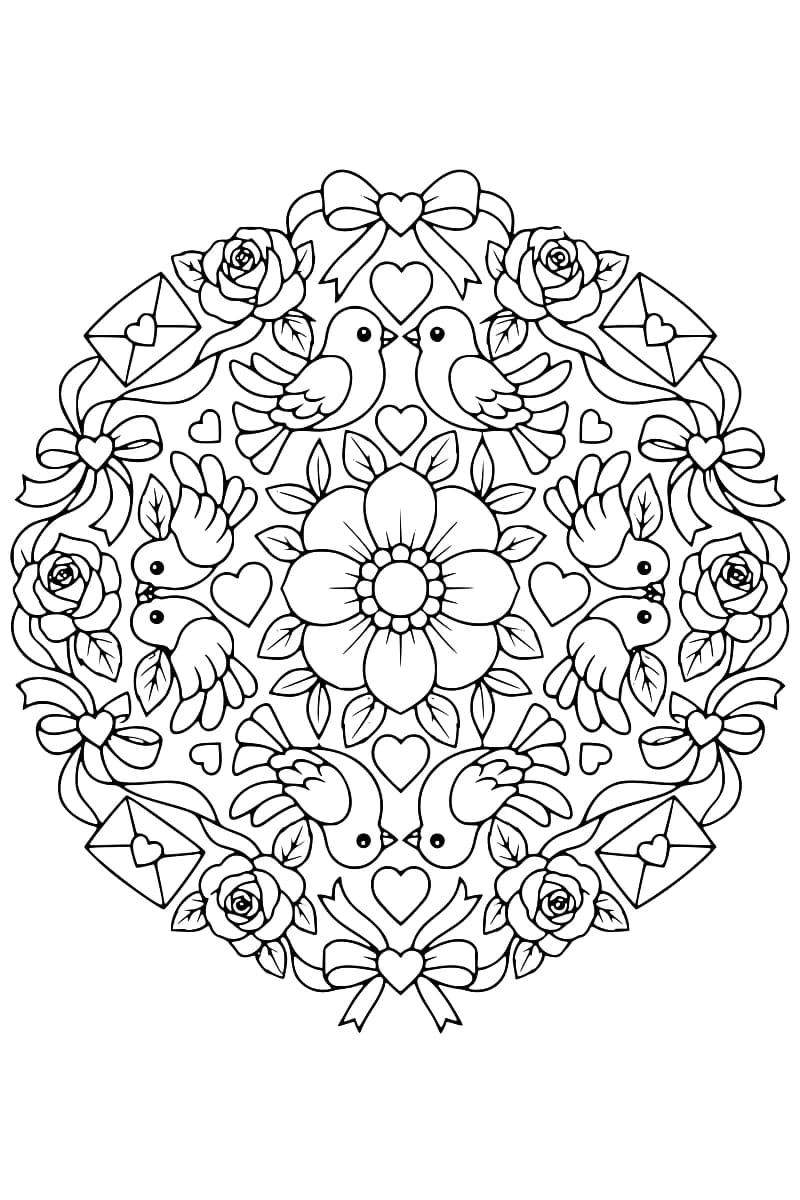 Dessin en noir et blanc d’un mandala symétrique avec une grande fleur au centre, des oiseaux, des roses, des cœurs, des rubans et des enveloppes ornées de petits cœurs.