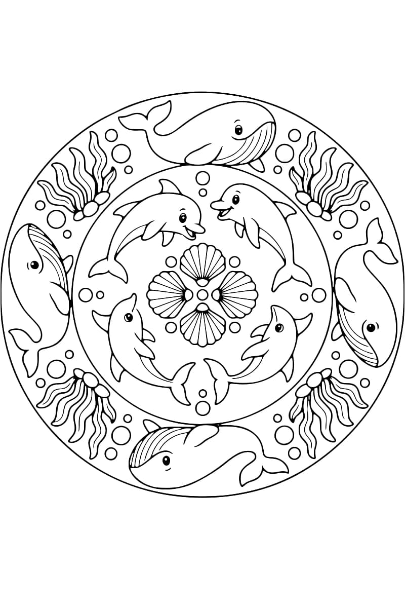 Dessin au trait noir sur fond blanc d’un mandala marin : quatre coquillages forment une rosace centrale, entourée de quatre dauphins, puis de quatre baleines alternant avec des touffes d’algues et des bulles.