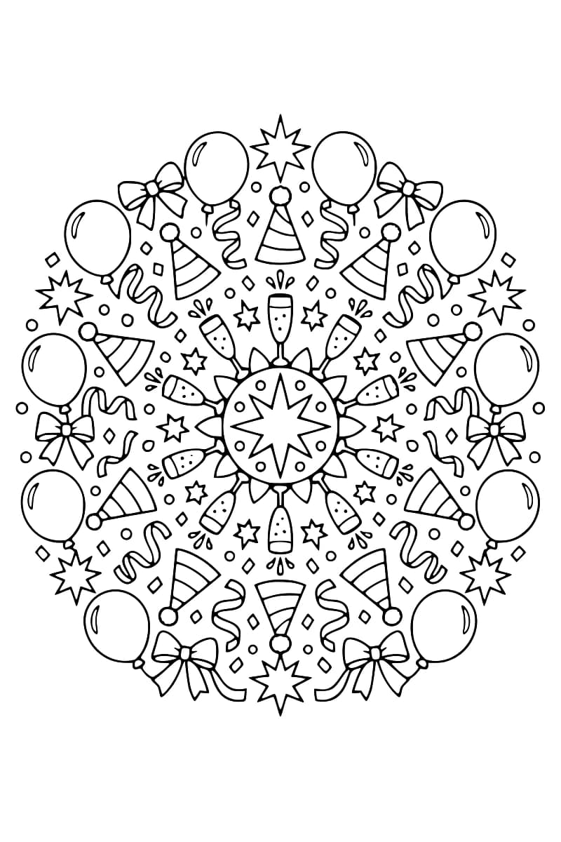 Dessin en noir et blanc d’un mandala circulaire composé d’accessoires de fête disposés autour d’une étoile centrale.