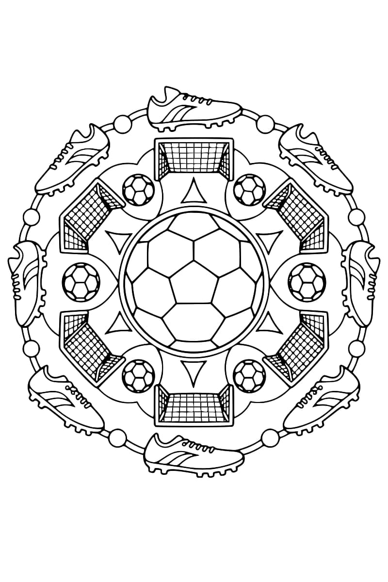 Dessin circulaire en noir et blanc avec un grand ballon de football au centre, six petits ballons alternant avec six buts à filets, et huit chaussures à crampons sur le pourtour.