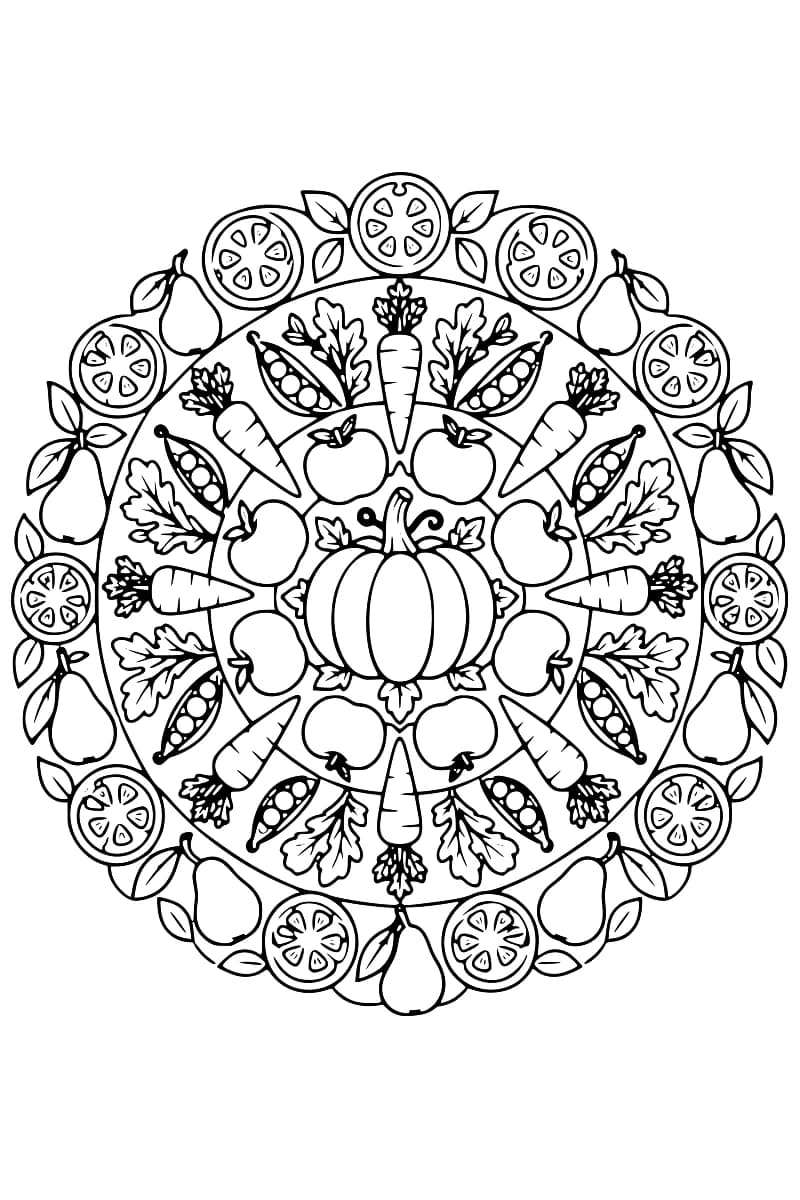 Dessin en noir et blanc d’un mandala symétrique de fruits et légumes, avec un potiron au centre.
