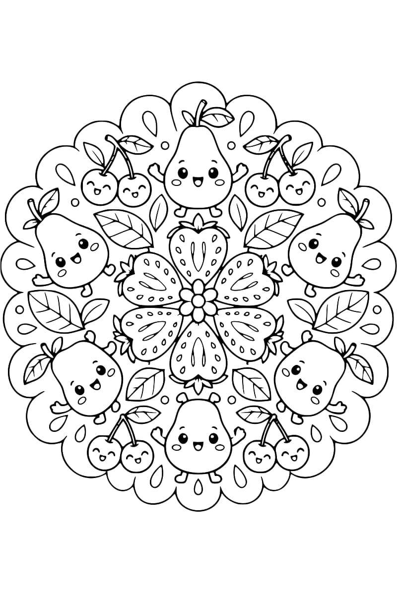 Dessin en noir et blanc d’un mandala à bordure festonnée, avec six poires souriantes, quatre paires de cerises et des feuilles autour de six fraises disposées en rosace autour d’une petite fleur.