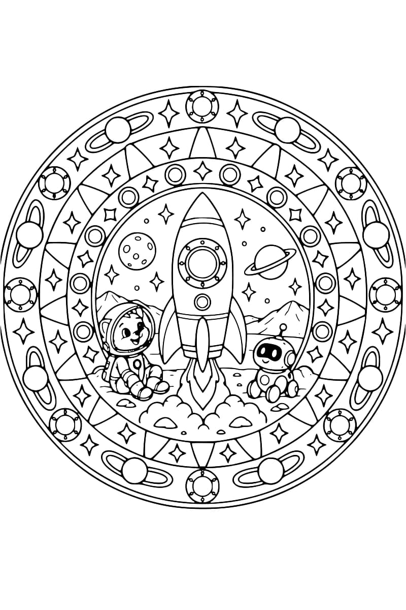 Dessin en noir et blanc d’une fusée au centre d’un mandala, avec un astronaute assis à gauche et un robot à droite sur un sol rocheux, entourés de couronnes de cercles, d’étoiles et de planètes à anneaux.