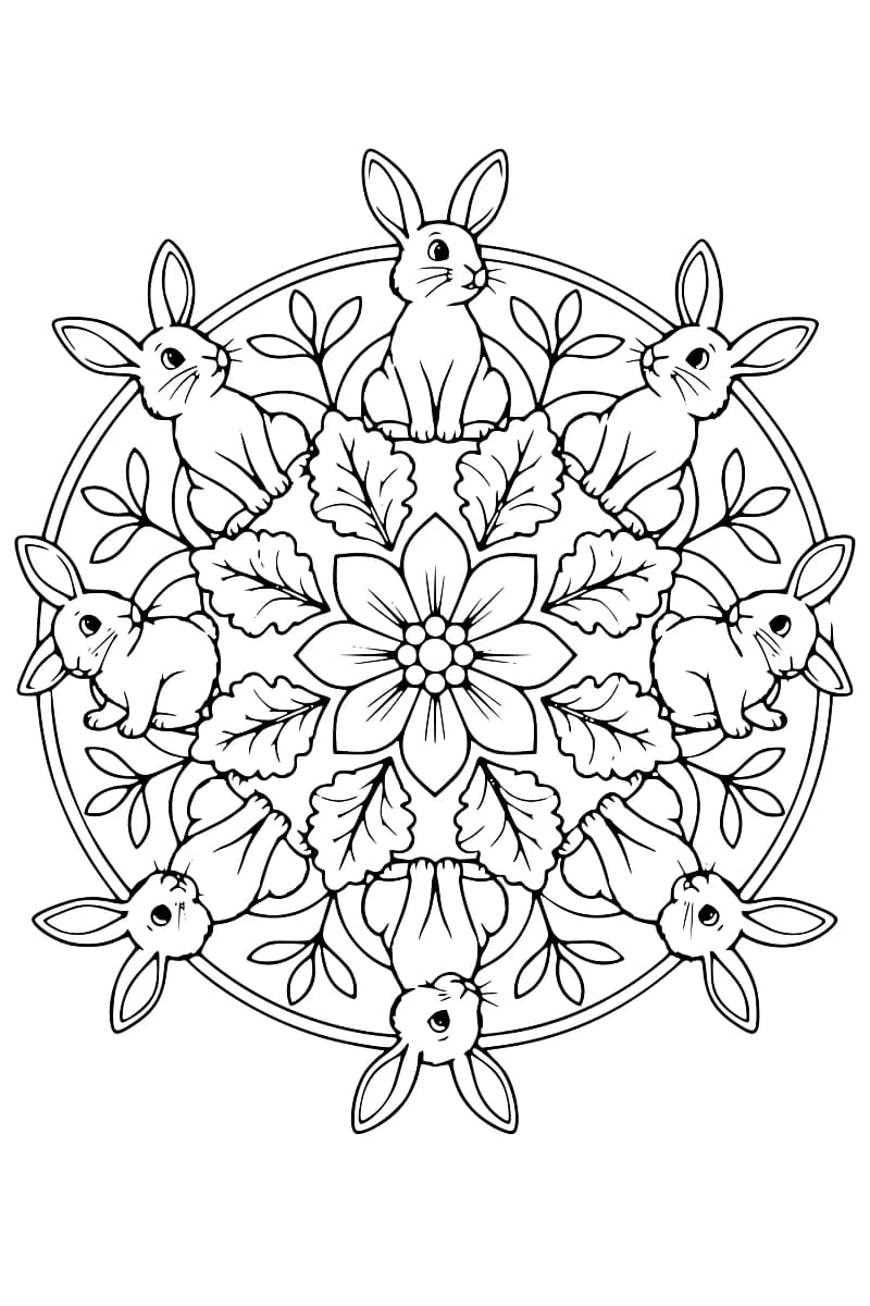 Dessin en noir et blanc de huit lapins aux longues oreilles disposés en cercle autour d’une fleur à huit pétales, avec des feuilles nervurées et de petits rameaux.