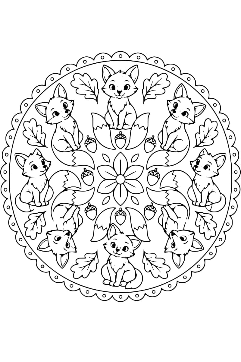 Dessin à colorier en noir et blanc représentant huit renardeaux aux yeux ouverts, disposés en cercle autour d’une fleur à six pétales, avec des glands, des feuilles de chêne et une bordure festonnée à petits ronds.